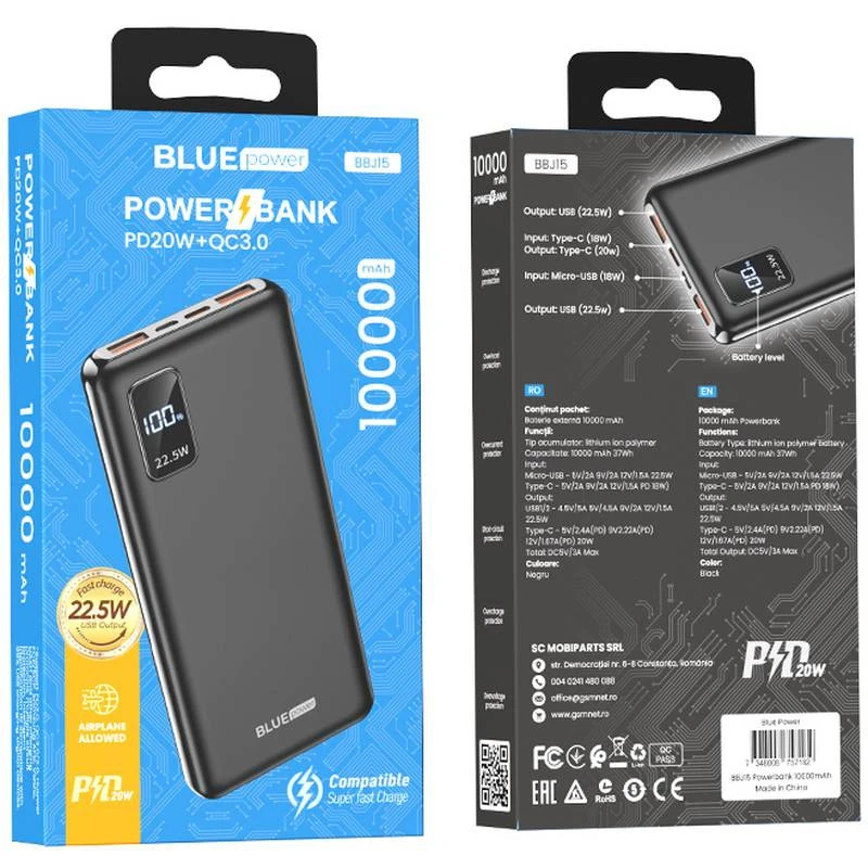 Powerbank BLUE Power BBJ15 PD 20W + QC 3.0 10.000 MA Nero - immagine 6